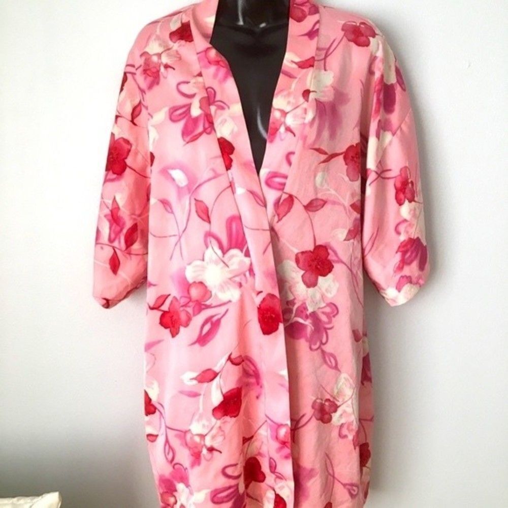 Vtg Y2k California Dynasty pink Floral Kaftan Casual 1-size wrap silky Robe Lady